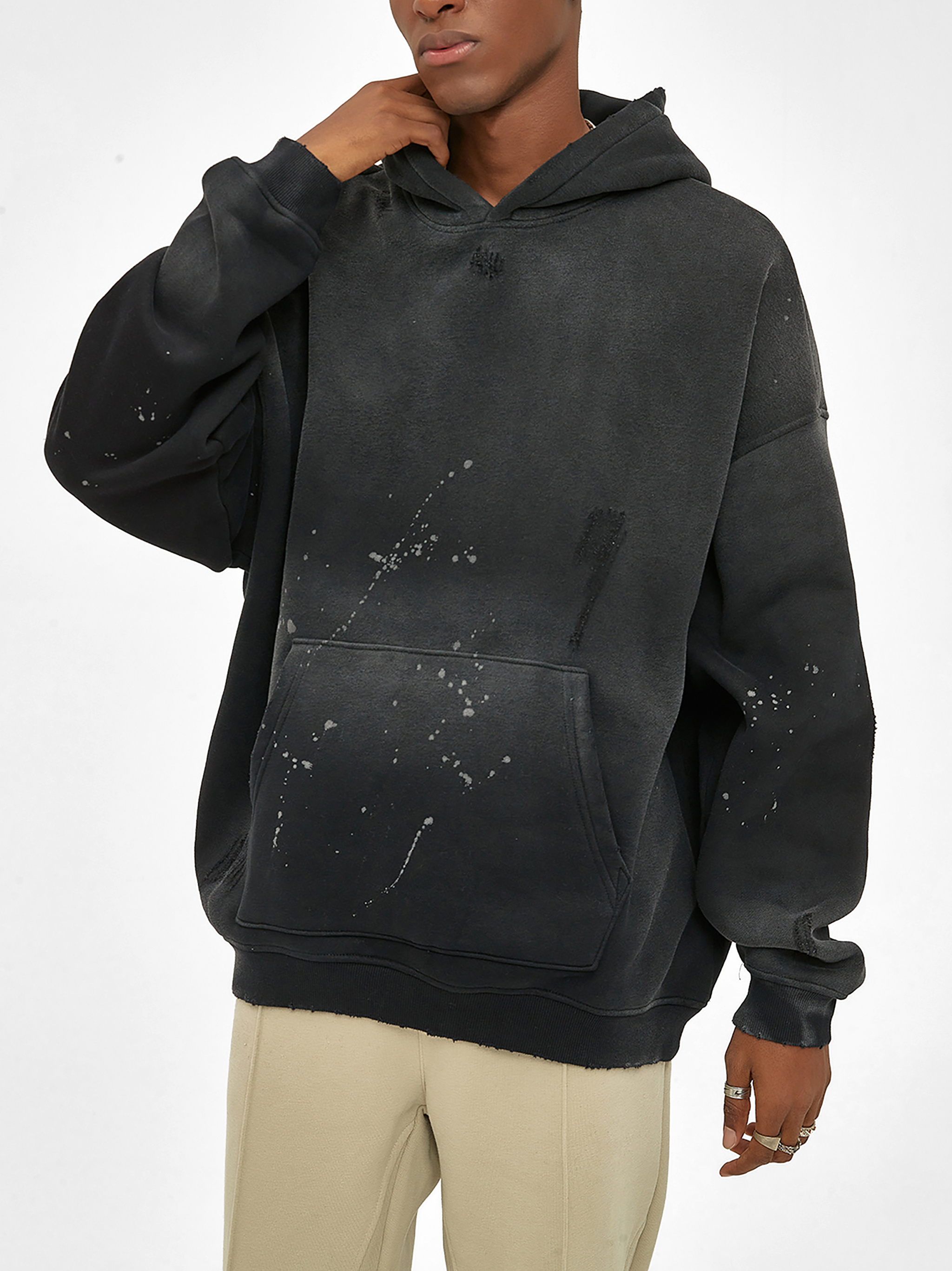 Black)Streetwear Unisex Monkey Washed Frayed Effect Hoodie